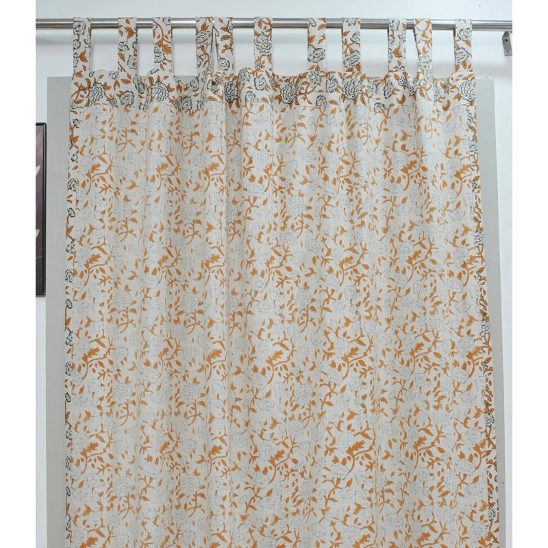 Artisan Block Print Handcrafted Curtain – Mrignayani Floral in Yellow & Green Linen Natural Semi Sheer, 54" W X 84" L