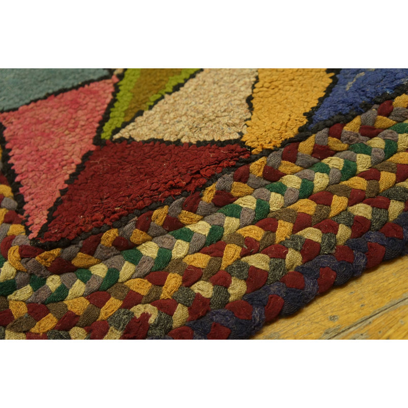 Small Antique 1920s Bold Colorful Geometric Art Deco Pattern American Hooked Rug