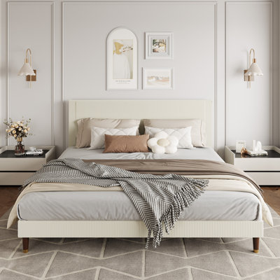 Corduroy Upholstered Platform Bed Frame with Headboard – Minimalist Style, Wooden Slats Support, Noise-Free, No Box Spring Needed, Easy Assembly – Light Cream, King Size