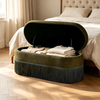 Repose-pieds de rangement ovale rembourré de 39,4 po avec garniture à franges, banc de rangement à couvercle relevable avec compartiment caché pour chambre à coucher et entrée