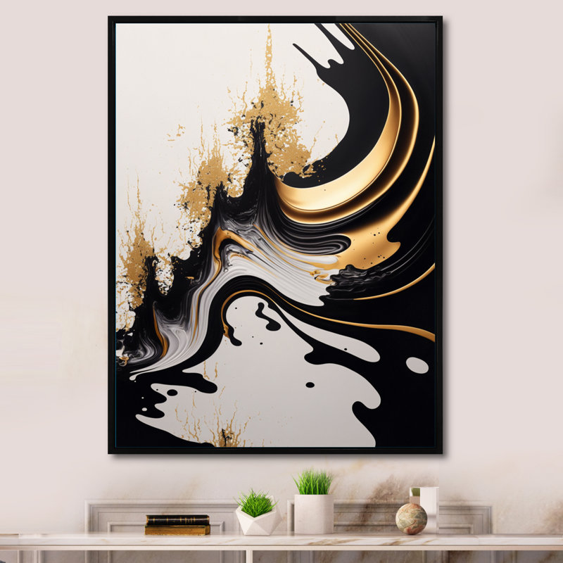 Azareth, vague noire et dorée - art mural abstrait pour le salon, H 44 po x l 34 po x P 1,5 po