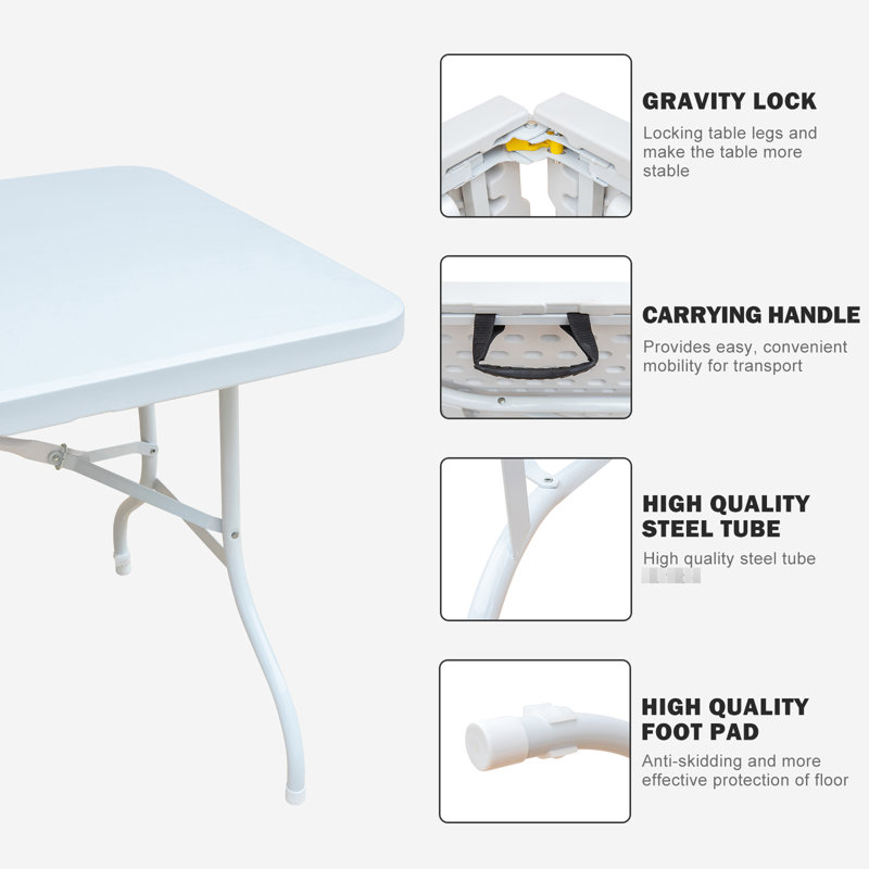 Table pliante portative en plastique 6 pi pour le camping, les pique-niques, les fêtes. Haute portance. Surface lisse et imperméable. Structure triangulaire stable. Trois hauteurs polyvalentes. Léger, pliable