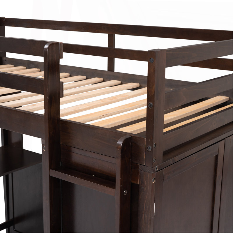 Lit mezzanine avec tiroirs, bureau et armoire-espresso, Lit simple