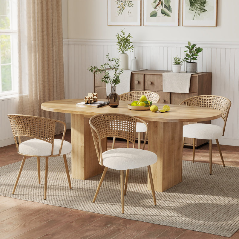 Ensemble de table et de chaises ovales avec plateau en MDF de 160 cm et de 4 à 6 chaises en osier, Jaune, Bois