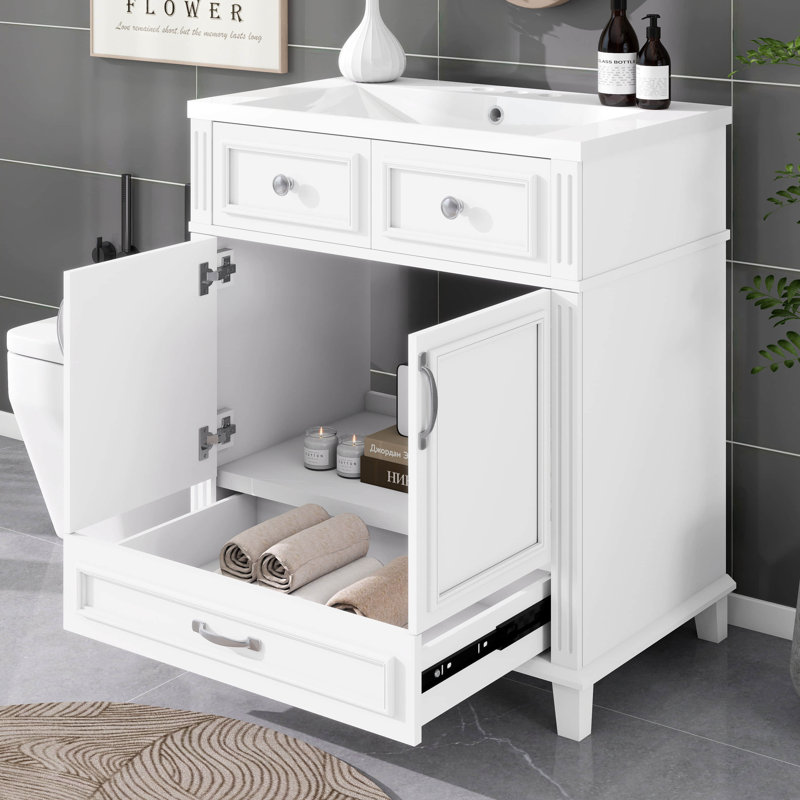 Meuble-lavabo de salle de bain 30 po avec lavabo, cadre en bois massif de style rétro avec portes et tiroir à fermeture douce
