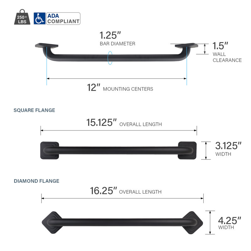 12-Inch Monarch Designer Grab Bar with Square Flanges, Matte Black Stainless Steel