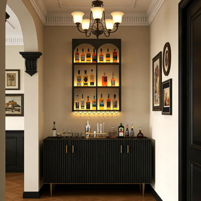 6-Grid French Arched Retro Wine Rack Wall Mounted (Black, 31.5in/80cm) | 3-Tier Modern LED Liquor Shelf Wall Mounted with with Glass Holder, Floating
