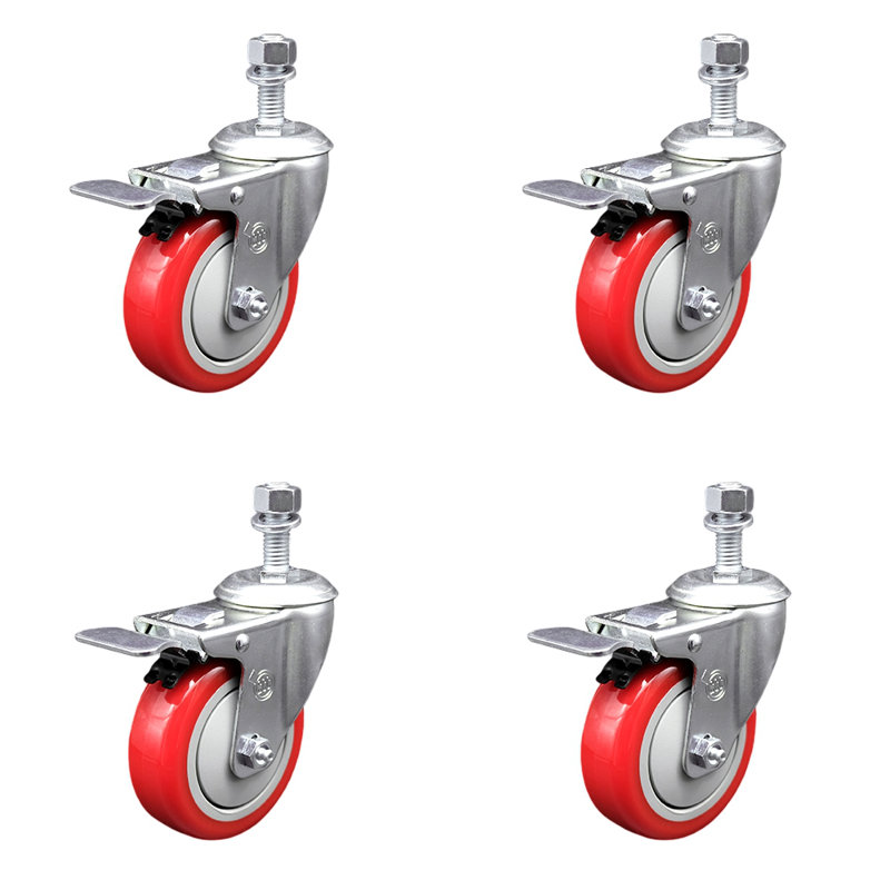 Ensemble de roulettes à tige filetée en polyuréthane 4 mm 4 pouces, Rouge
