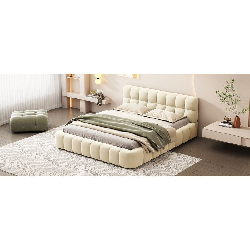 Lit moderne, lit plateforme tapissier avec tissu épais, lit avec base solide