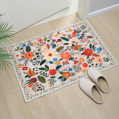 Paillasson - Tapis d'entrée beige, floral bohème, antidérapant, lavable à la machine