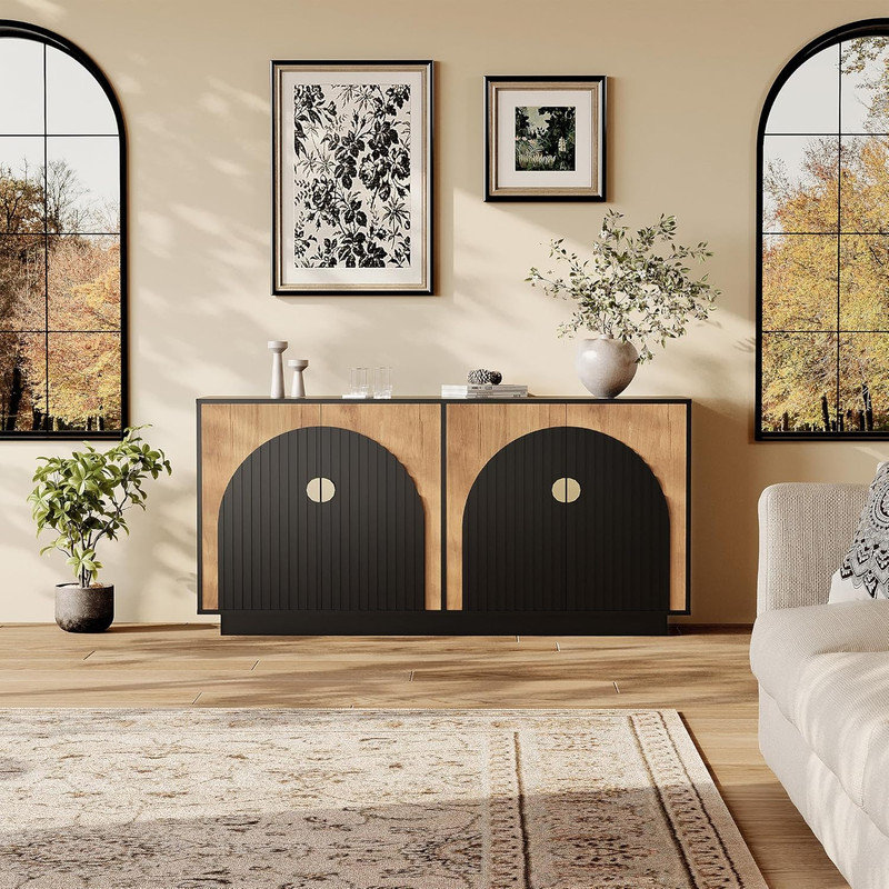 Buffet 63 "moderne cannelé avec buffet, bar à café et rangement pour le vin pour la salle à manger, Brun / Noir
