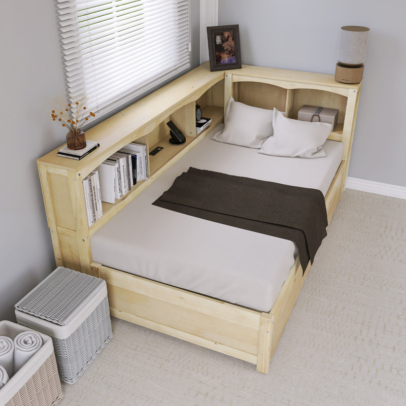 Lit de jour simple avec deux tiroirs de rangement et ports USB, Naturel