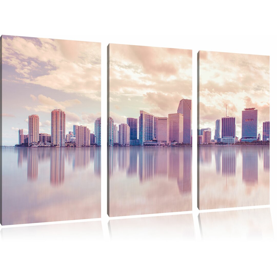 3-tlg. Leinwandbilder-Set Miami Florida Skyline bei Sonnenuntergang, Fotodruck