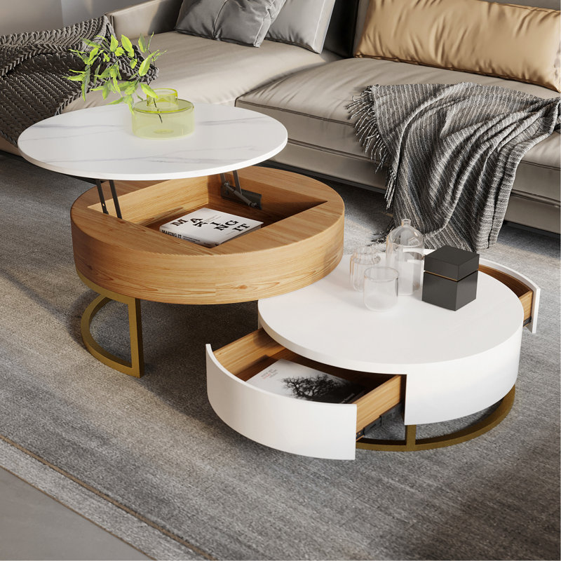 Table basse à plateau relevable rond en bois blanc naturel de 31,5 po et 27,56 po, Naturel