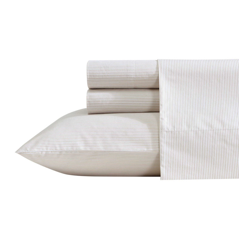 Ensemble de draps en percale de coton Nautica, Ensemble de draps pour lit simple TG avec 1 taie d, Penny Pinstripe brun