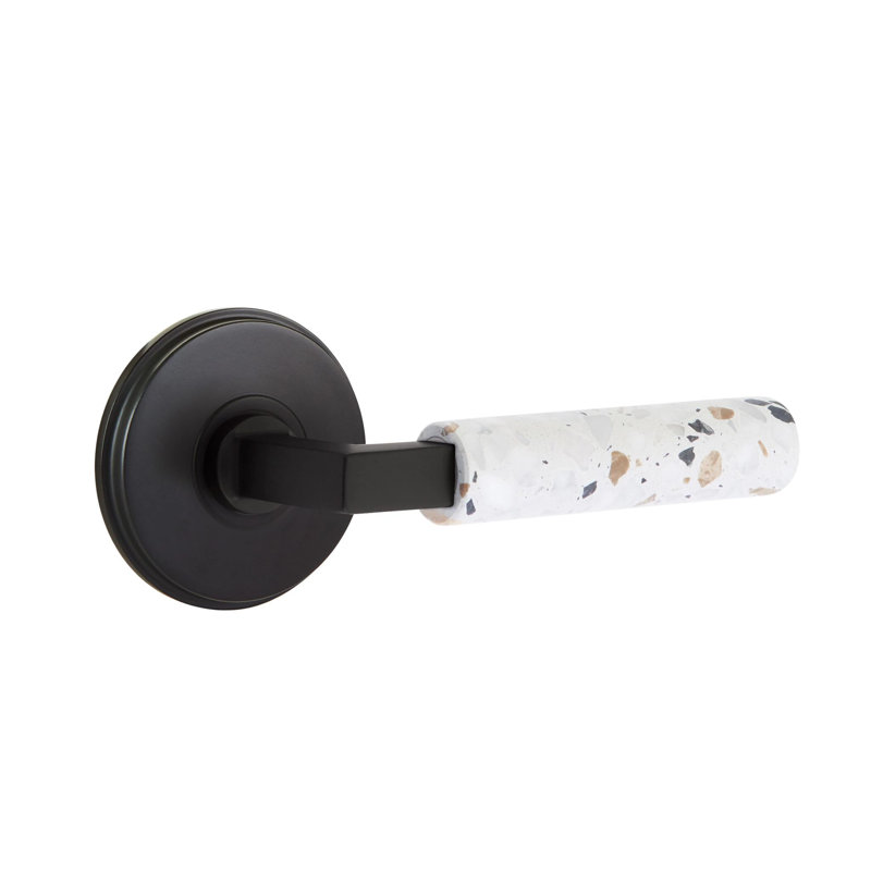 Mortaise intérieure Emtek Select Passage avec rosette Watford et tige carrée en L, levier Terrazzo clair, Gauche, Dos plat