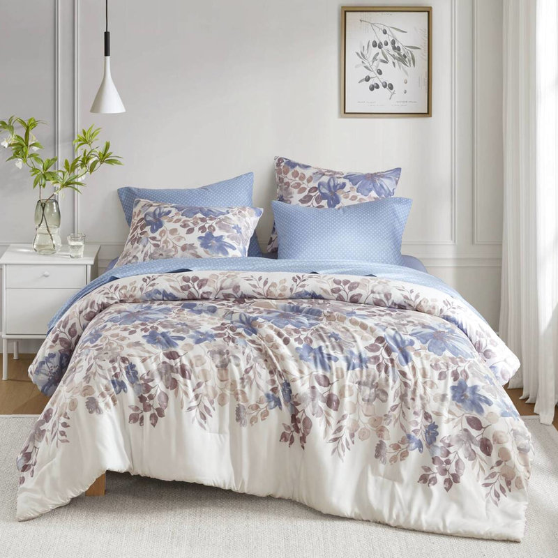 Édredon aquarelle floral avec draps pour lit simple, draps bleus de teinte bleue, conception délicate