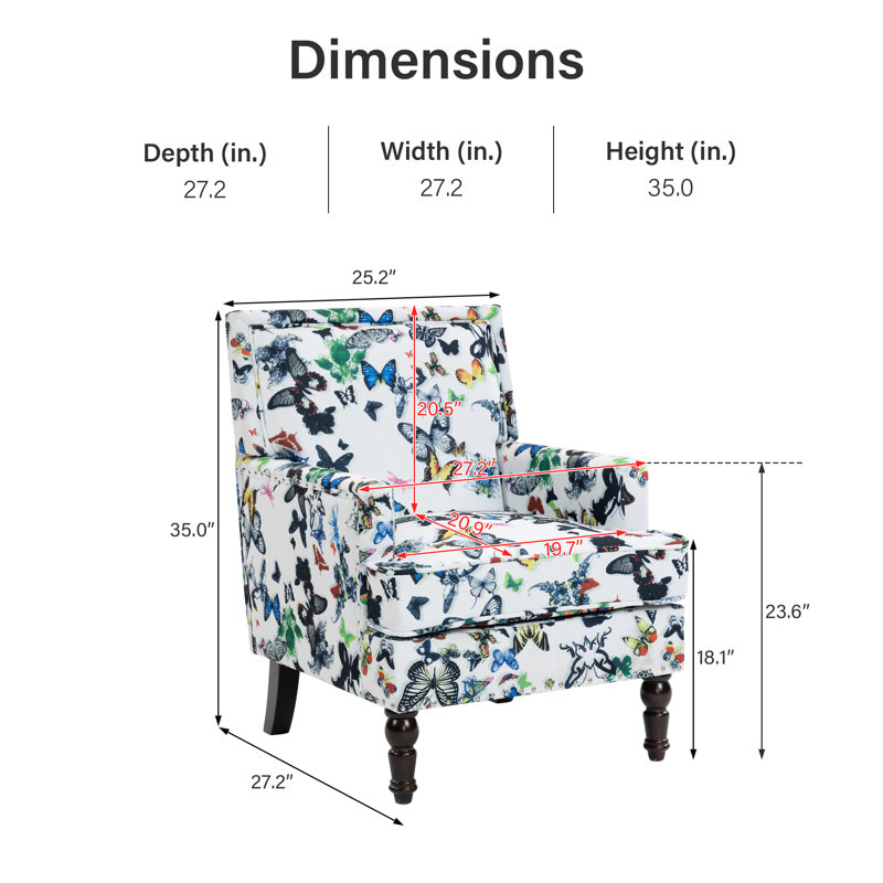 Chaise d'appoint rembourrée avec structure en bois massif et pieds tournés, Blanc / lin papillon multicolore