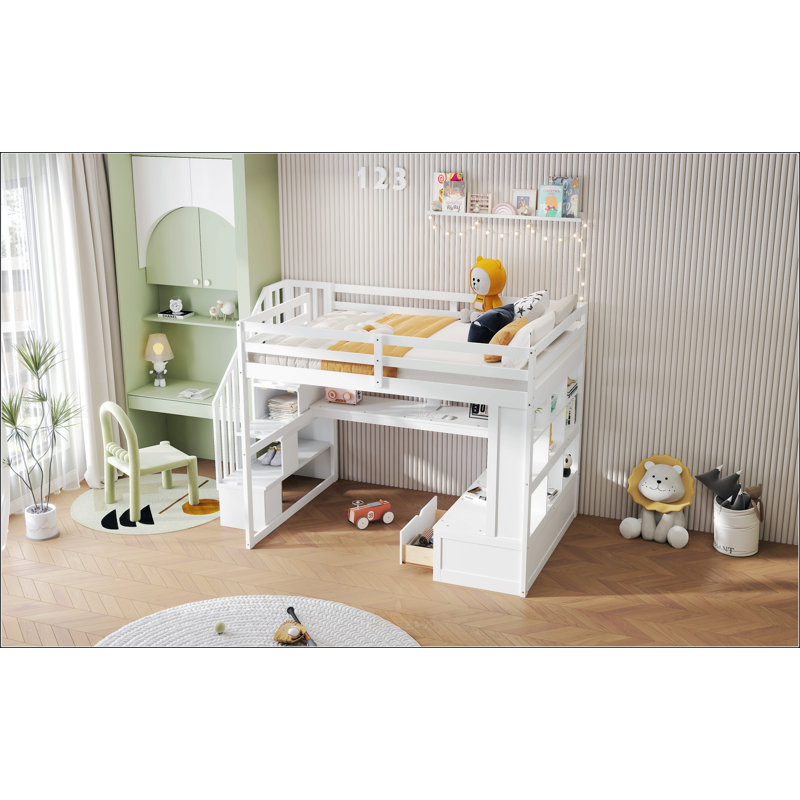 Lit mezzanine double avec bureau et tablettes, Blanc