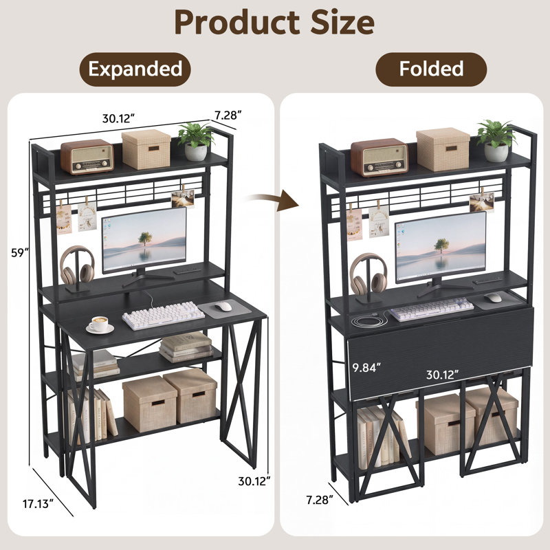 Foldable Iron Computer Desk with Built-In Electrical Outlet, Noir