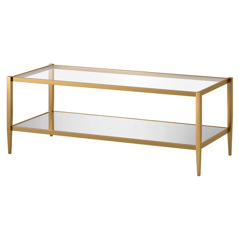 Hera 45" Wide Rectangular Coffee Table with Mirror Shelf in Brass, 17" H x 20" W x 45" L, Antique Brass