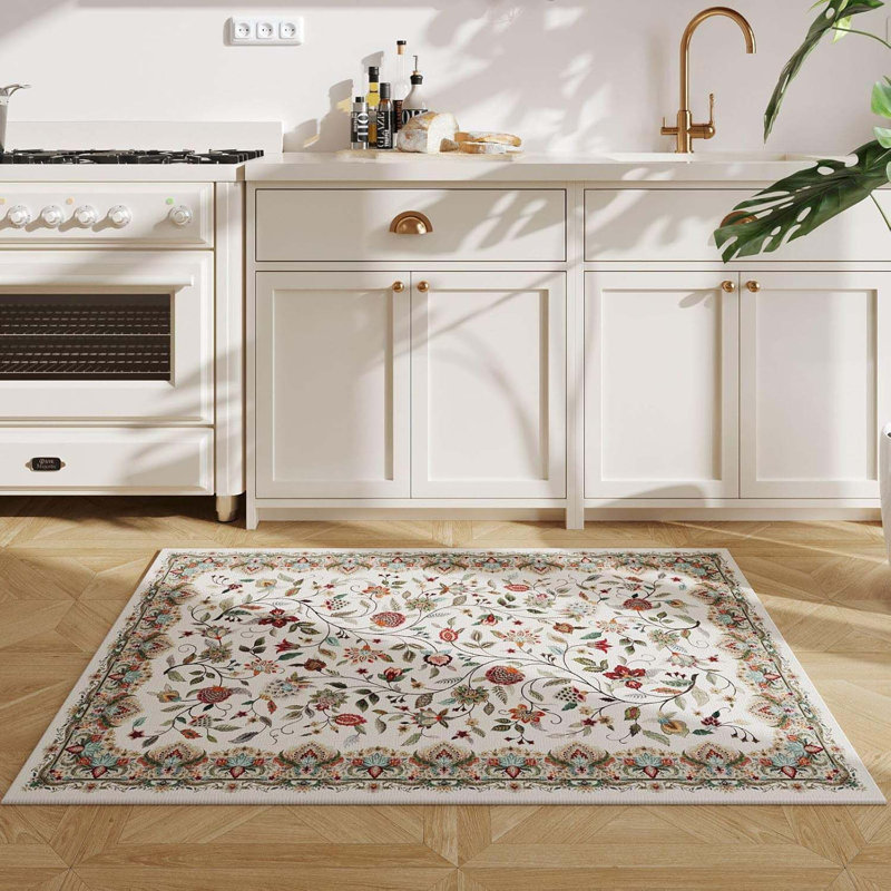 2'X3' Entryway Rug - Door Mat Indoor Entrance, Floral Vintage, Machine Washable, Non-Slip Low Pile Area Rug For Kitchen, Front Door, Kids Room - Beige