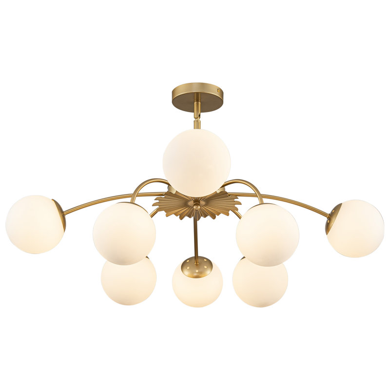 Gold Frame Opal Glass Globe Blossom Pendant Light, 9.5" H x 33" W x 33" D, 8 Lights