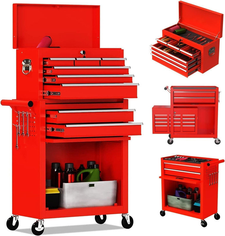 Armoire à outils à 8 tiroirs avec roulettes, chariot à outils roulant en métal avec tiroirs coulissants et doublure de protection pour atelier de garage