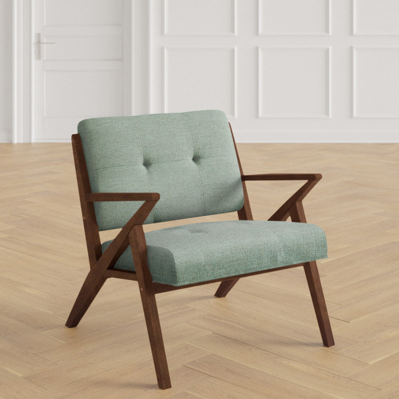 Balom Retro Button Tufted Upholstered Arm Chair with Angled Wood Frame, Seafoam