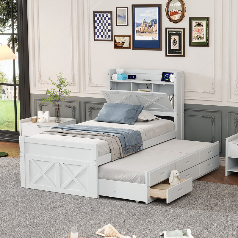 Lit simple en bois avec tête de lit avec rangement et prises de courant, lit extensible avec lit gigogne simple, Simple, gris
