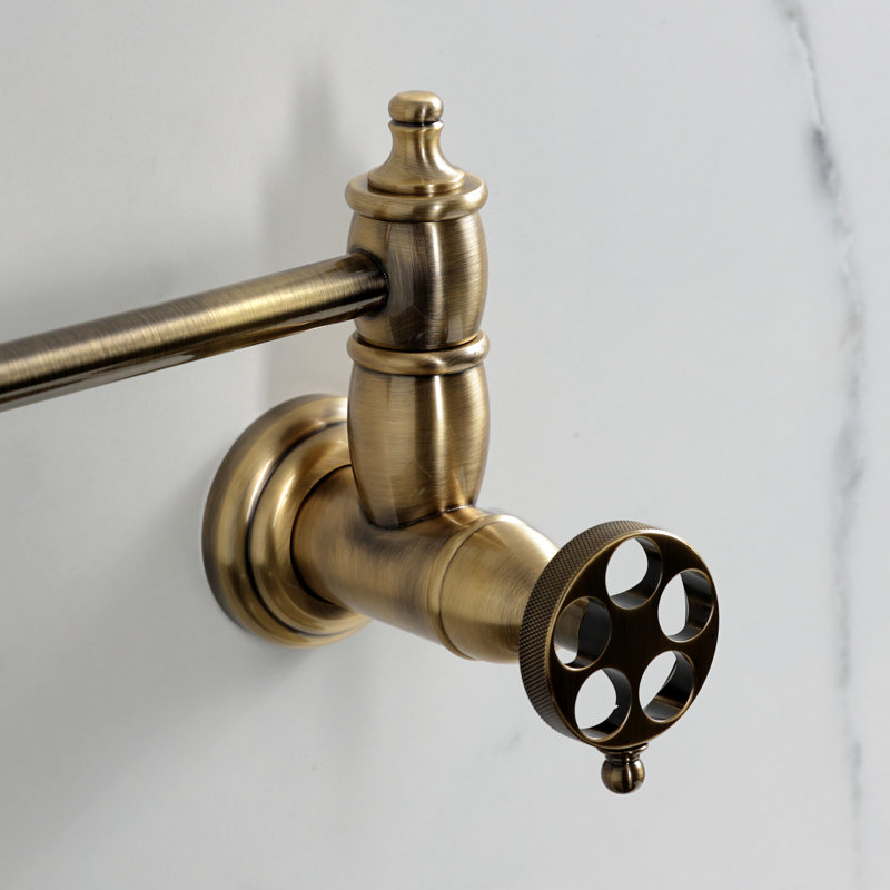 Kingston Brass Wendell Two-Handle 1-Hole Wall Mount Pot Filler Faucet with Knurled Handle, Antique Brass