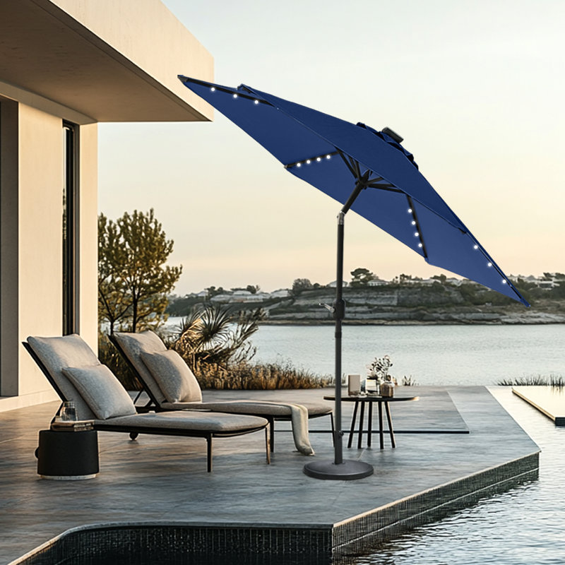 2.5M Round Garden Parasol Solar LED Lights Umbrella Tilt Crank with Base, Blue