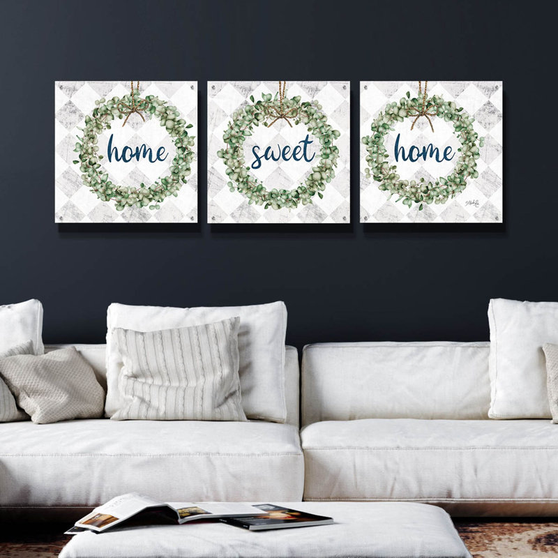 «Home Sweet Home Eucalyptus Wreaths» par Marla Rae, ensemble d'art mural en verre acrylique, 3 pièces, H 24 po x l 72 po