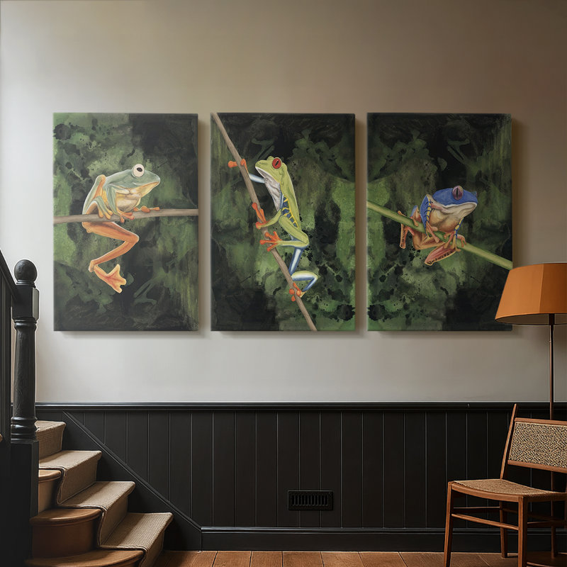 Watercolor Tree Frogs I - Toile tendue avec châssis sur mesure - 3 pièces, H 60 po x l 120 po
