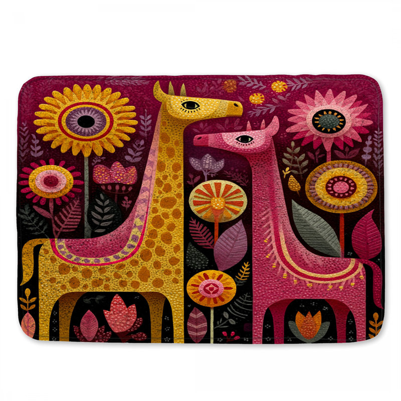 Tapis de bain stylisé girafes avec fleurs, L 24 po x L 17 po
