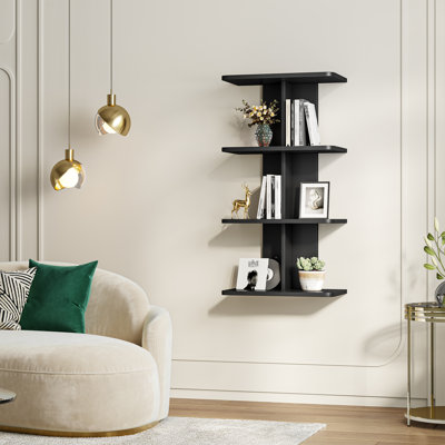 Tablette murale flottante minimaliste moderne à 4 niveaux pour la décoration de chambre, tablette à double colonne de 20 po de largeur pour le salon, la chambre à coucher et la salle de bain