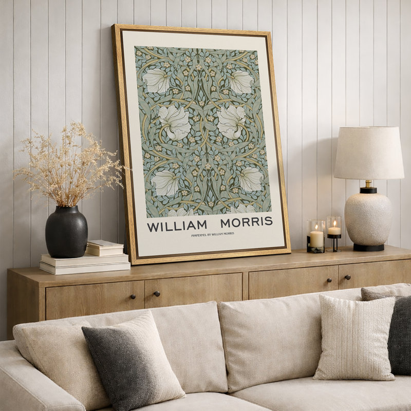 Classical Artwork "William Morris - Green Pimpernel Flower Artwork,  Abstract Floral and Botanical Bathroom Wall Pictures, Large Framed Canvas Giclee Print Wall Art"