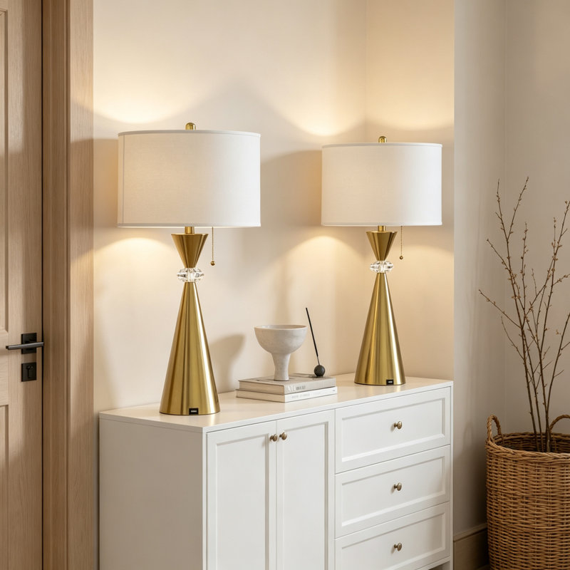 Ensemble de 2 lampes de table en forme de sablier, fini or brossé, 71 cm de hauteur, avec port USB et abat-jour cylindrique blanc, pour chambre ou salon.
