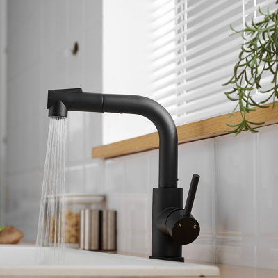Black Bar Sink Faucet With Pull Out - 360 Swivel, Ceramic Filled, Classic For And Bathroom Single Handle Down Contemporary Bath Kitchen