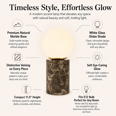11.5" Modern Natural Brown Marble Table Lamp with Milky Glass Globe Shade