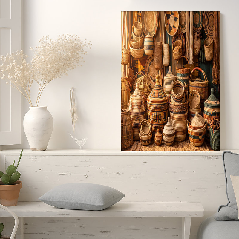 Art mural sur toile avec paniers traditionnels tissés avec motifs géométriques, 24"H x 36"W