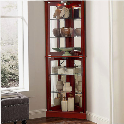 Corner Curio Dispaly Cabinet with Lights, Adjustable Tempered Glass Shelves, Mirrored Back,Cherry(E26 light bulb not included)