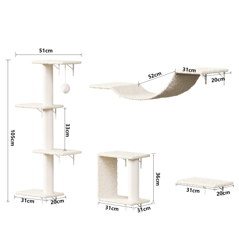 Ensemble de meubles muraux pour chat 4 pièces avec pont, marches et arbre en corde, tissu souple et doux, installation facile à bricoler chaude à assembler