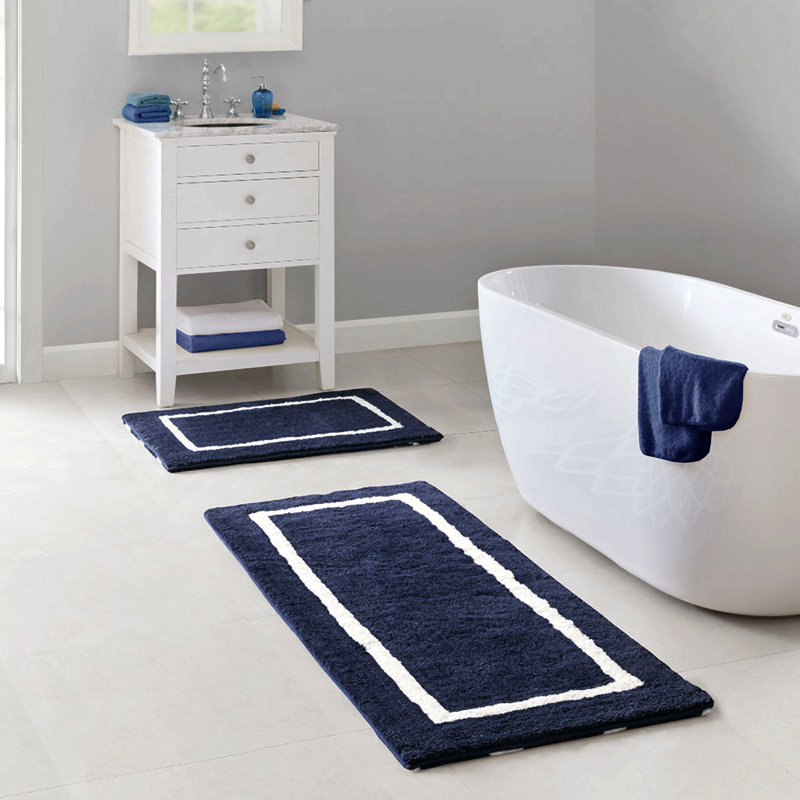Reversible High Pile Tufted Microfiber Bath Rug, 60" L x 24" W, Navy