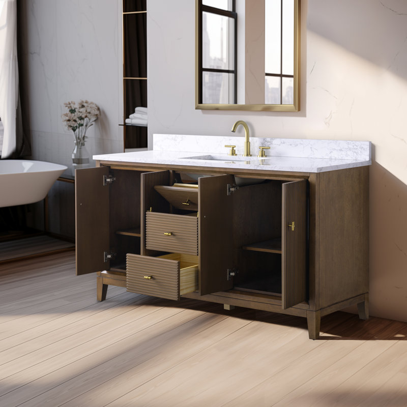 Ensemble de meuble-lavabo autoportant 60 po avec plateau en marbre Caldwell, Blanc Ariston, Chêne naturel, Doré brossé
