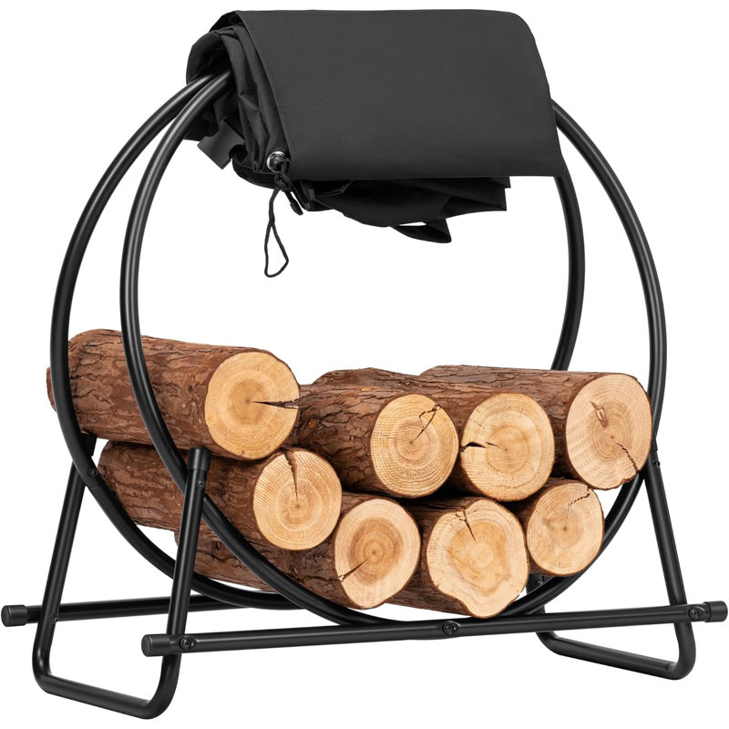 Support à bois de chauffage rond en acier robuste 28 po avec couvercle