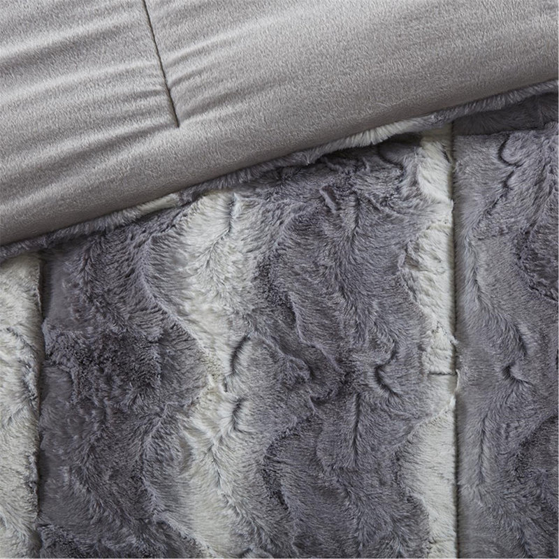 Ensemble d'édredon en fausse fourrure double / grand 4 pièces, Édredon pour grand lit + 2 taies décoratives, Gris