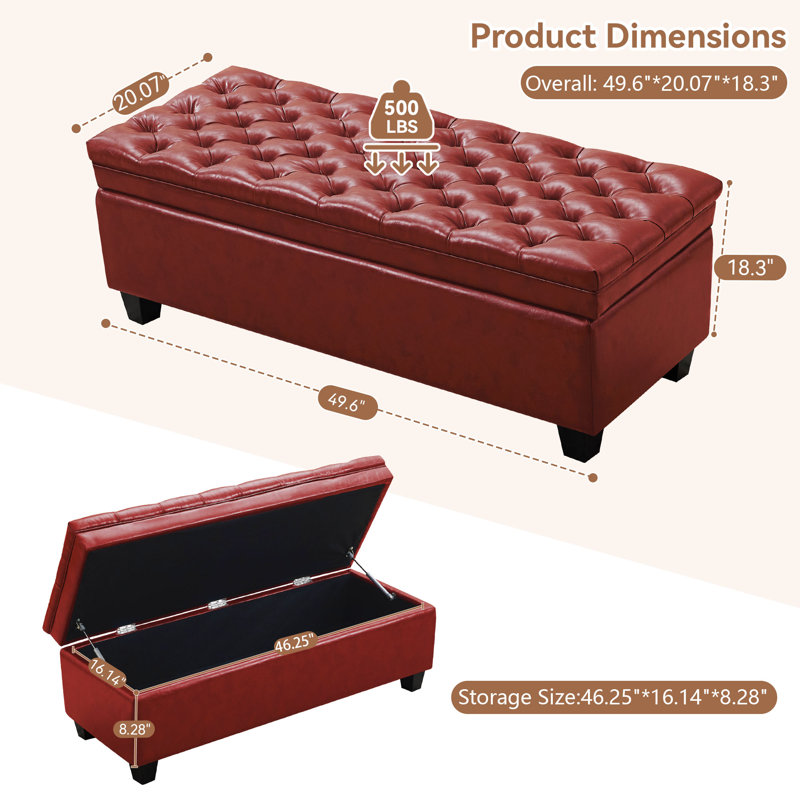 Banc de rangement à couvercle rabattable, recouvert de similicuir, de 126 cm de large, Rouge