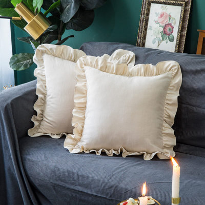 Throw Pillow Covers 2 Pack 100% Cotton Retro Ruffle Flounces Trim Solid Beige Square Decorative Pillow Cases For Farmhouse Cushion Case For Home Sofa Couch Decor 18X18 Inch