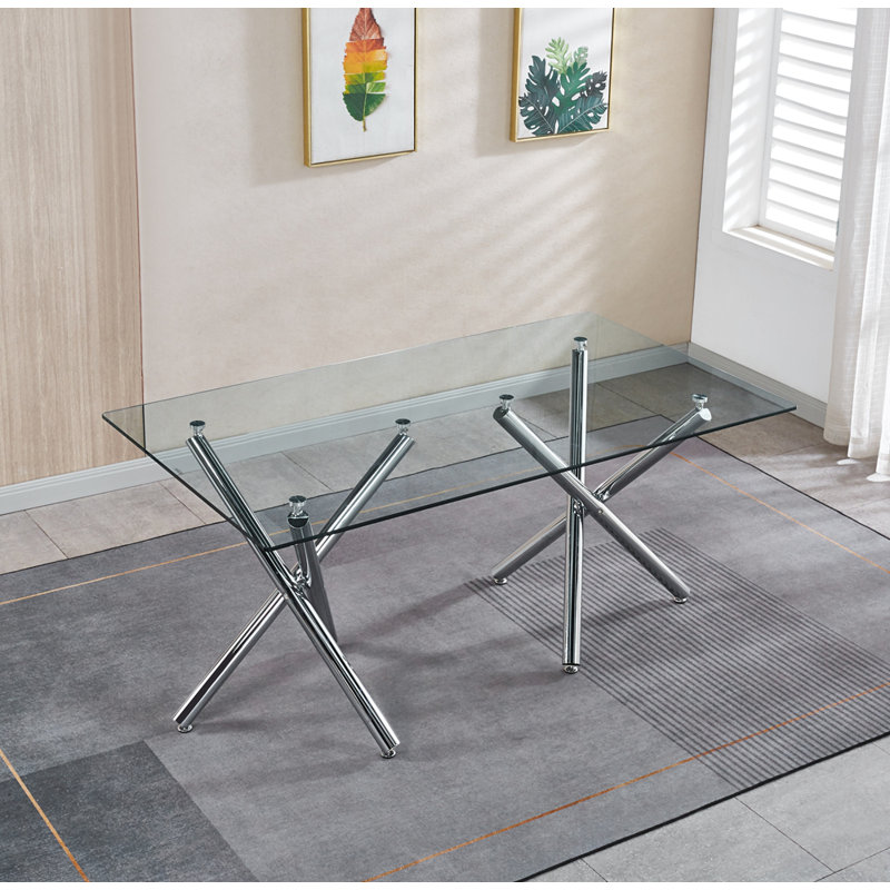 Table de salle à manger rectangulaire en verre trempé avec base double en acier inoxydable, design d'intérieur de salle à manger moderne, pour 6 personnes